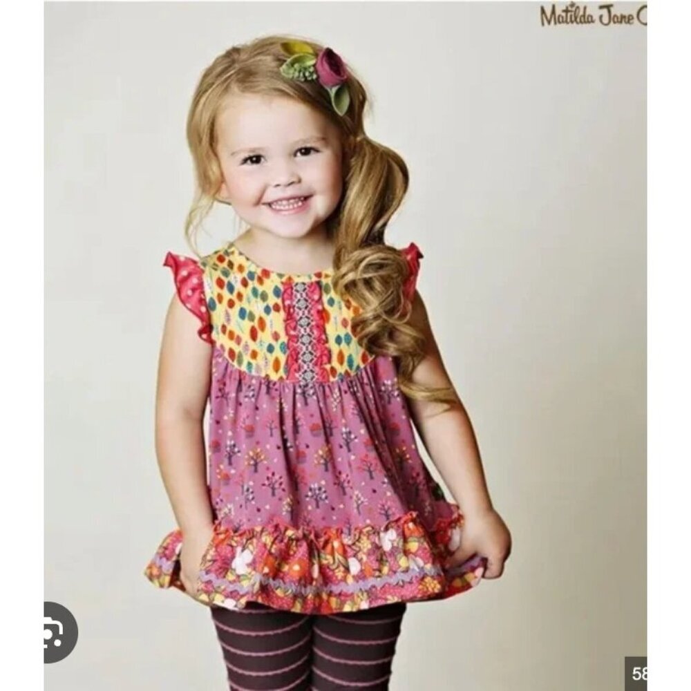 Matilda Jane Top Girls 4 Purple Leaf Print Ruffle Sleeve Tunic Button Back